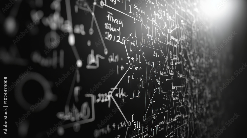 Poster mathematical equations and diagrams are intricately displayed on chalkboard, showcasing blend of cre