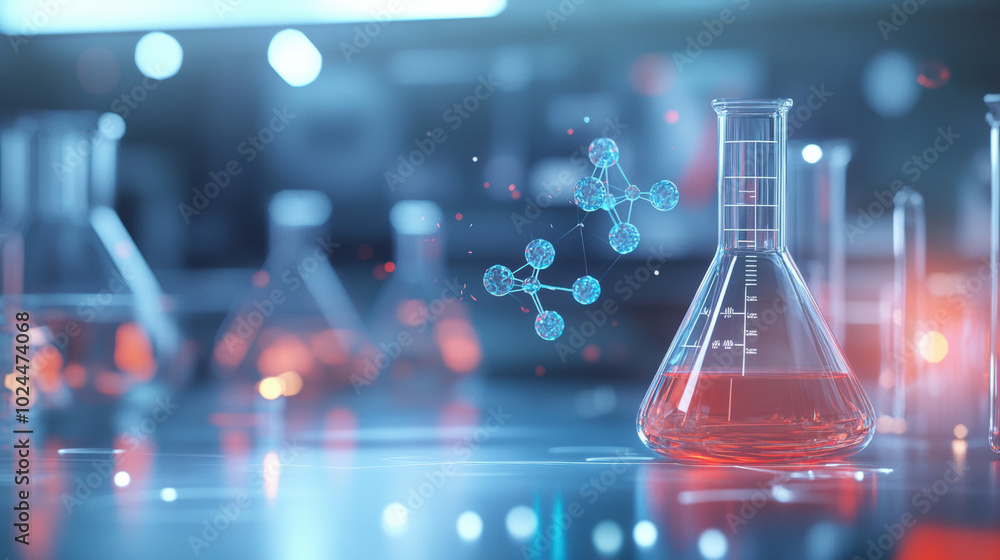 Poster chemistry lab scene featuring glass flask filled with red liquid and floating molecular structures, 