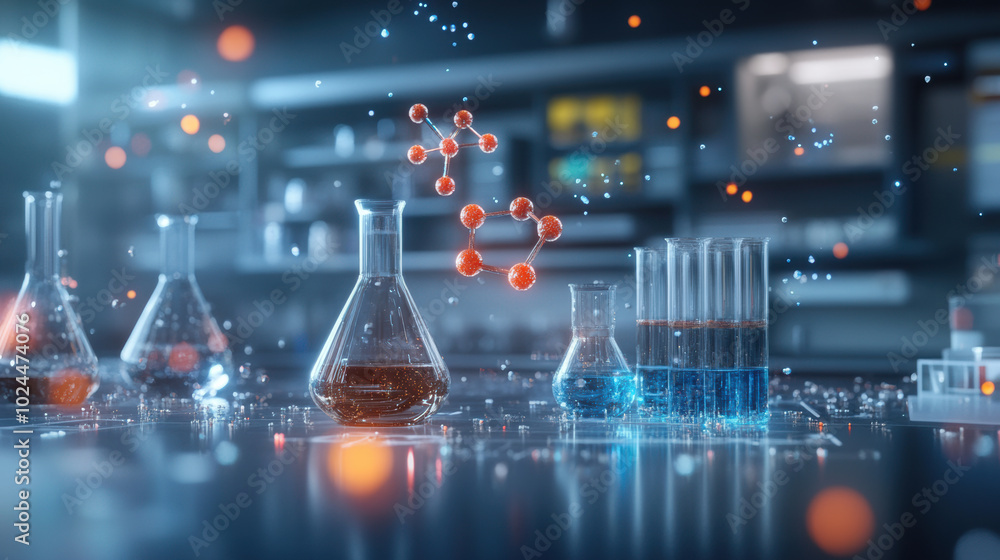 Poster laboratory setting with floating molecular structures, showcasing various glassware filled with colo