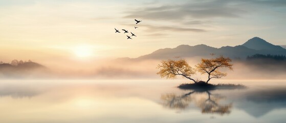 Naklejka premium Serene landscape featuring a tranquil lake, misty mountains, and birds in flight during dawn light.