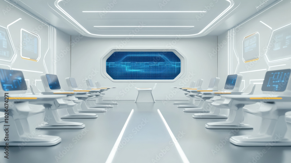 Poster futuristic classroom featuring advanced holographic chairs and sleek design elements. space is illum