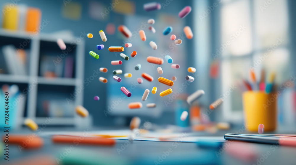 Poster colorful markers and drawing patterns float in mid air, creating vibrant and playful atmosphere in c