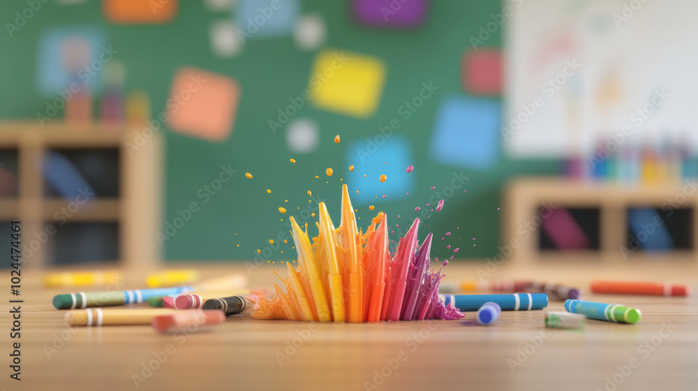 Poster colorful crayons burst into vibrant splash, creating rainbow effect on school desk. playful scene ca