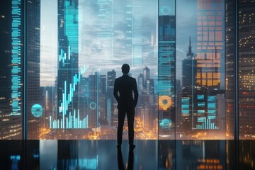 Businessman overlooking futuristic city skyline with digital data overlays