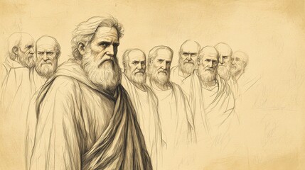 Fototapeta premium Striking minimalist wall art depicting Jeremiah standing before a group of elders his face resolute as he conveys his newfound purpose and mission in this historical sketch from biblical times