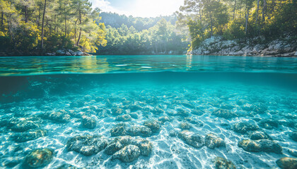 Pristine turquoise water with underwater view of rocky riverbed surrounded by lush forested landscape