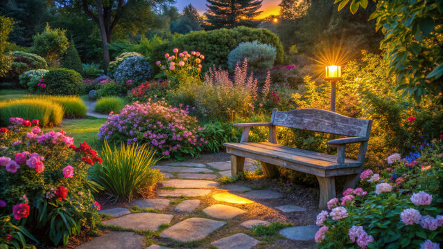 bench in the park. garden, bench, park, chair, nature, wooden, furniture, grass, summer, seat, table, flowers, tree, wood, outdoor, spring, flower, relax, landscape, rest, patio, outdoors, chairs, nob