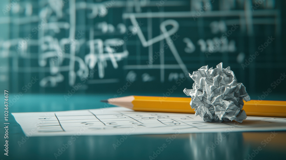 Poster crumpled paper and pencil beside completed math sheet, symbolizing challenges of problem solving and