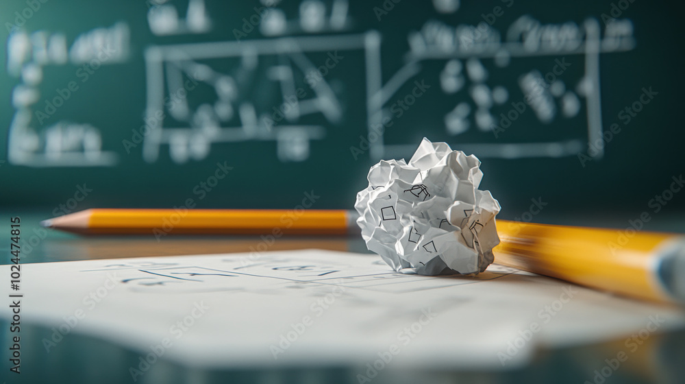 Poster crumpled paper and pencil beside completed math worksheet, showcasing creative process and problem s