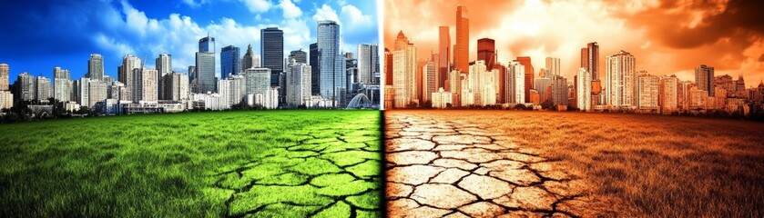 Fototapeta premium Urban decay meets nature's resilience, a city split between cracked earth and vibrant green field