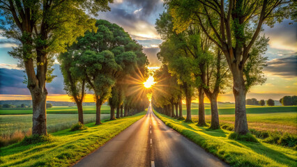 Fototapeta premium sunset in the park. road, tree, trees, autumn, nature, forest, landscape, country, sky, rural, asphalt, travel, street, countryside, highway, fall, green, summer, park, path, way, spring, clouds, lane