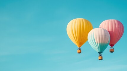 Naklejka premium Colorful hot air balloons floating in a clear blue sky, symbolizing adventure and freedom.