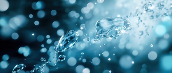 Close-up view of water droplets against a shimmering blue background, evoking freshness and purity.