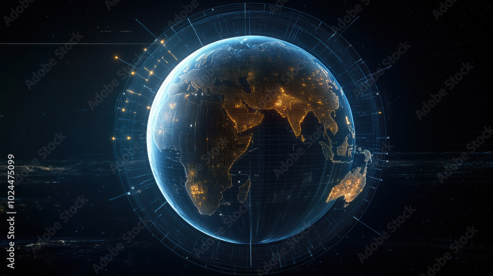 Poster digital globe with interactive touchpoints showcasing geographical features and illuminated continen