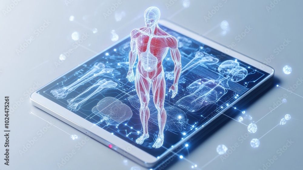 Poster digital tablet showing anatomy lessons with floating 3d human model, illustrating muscles and bones 