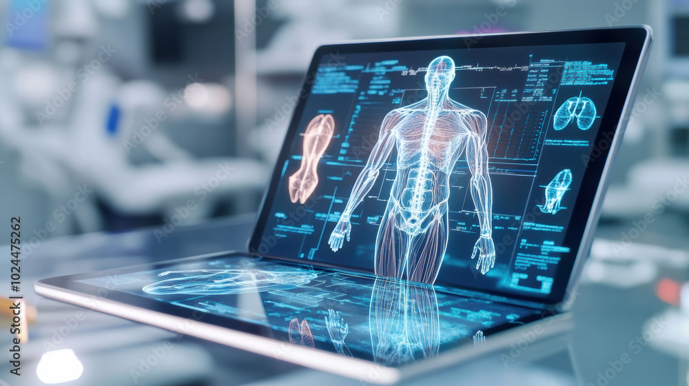 Poster digital tablet showing anatomy lessons with floating graphics, illustrating human body systems and s