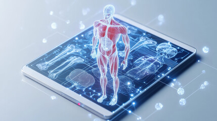 Digital tablet showing anatomy lessons with floating 3D human model, illustrating muscles and bones in futuristic design. This captures intersection of technology and education