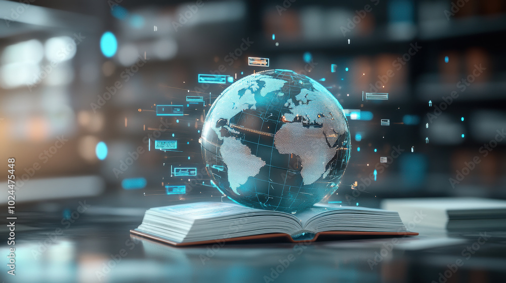 Poster futuristic globe floats above open book, symbolizing knowledge and technology. scene captures blend 