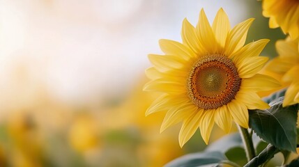 Obraz premium A vibrant sunflower standing tall against a blurred background, showcasing its bright yellow petals and intricate center.