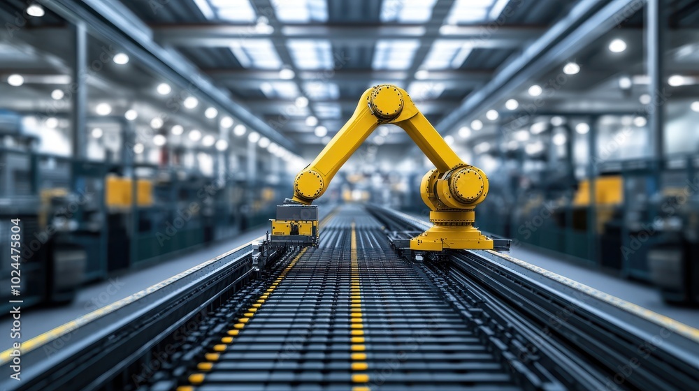 Poster a robotic arm inside a modern factory, performing automated tasks on a conveyor belt
