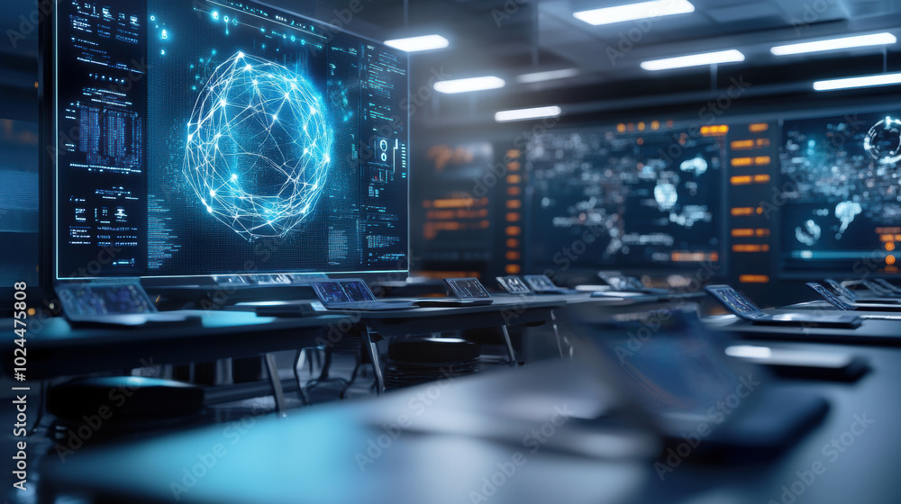 Poster High tech classroom filled with holographic displays and digital interfaces, showcasing advanced technology and data visualization. atmosphere is modern and innovative, ideal for learning