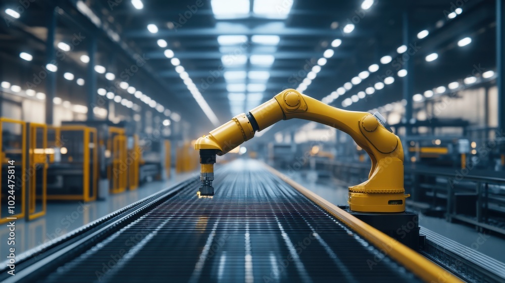 Poster a robotic arm inside a modern factory, performing automated tasks on a conveyor belt