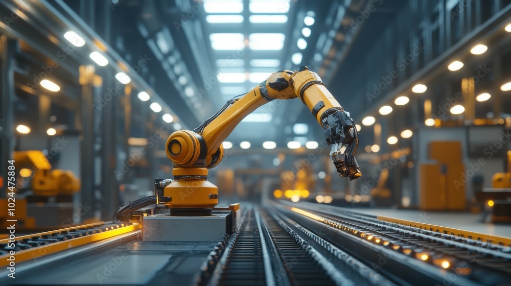 Poster a robotic arm inside a modern factory, performing automated tasks on a conveyor belt