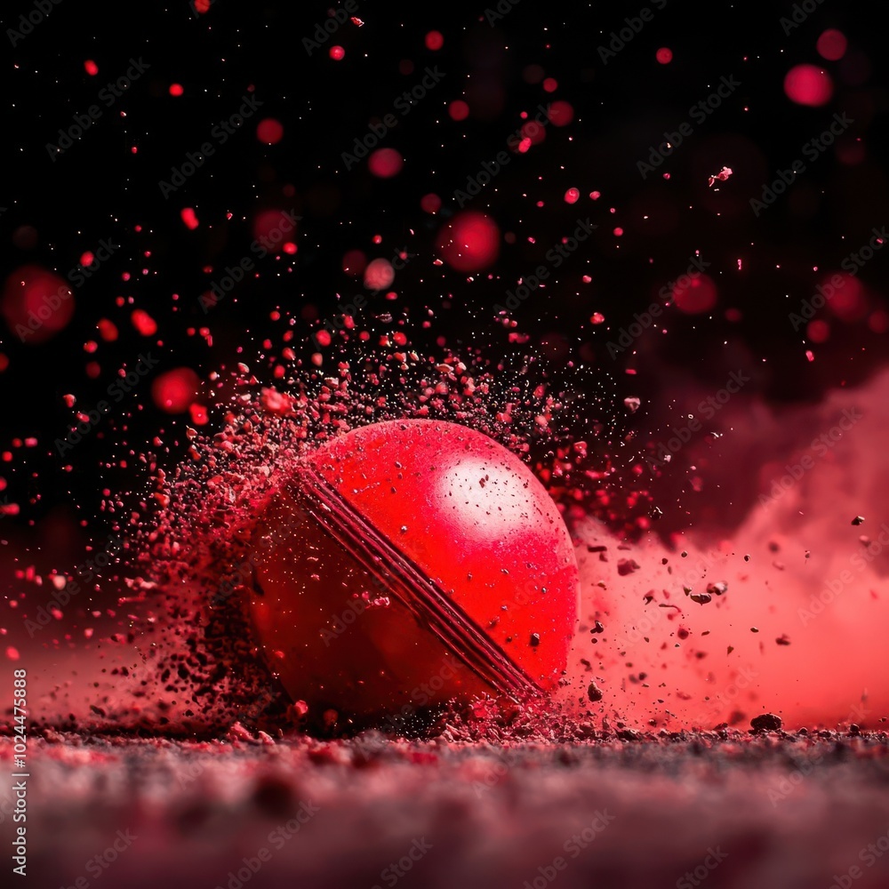 Poster a vivid image of a red ball bursting outward, creating a cloud of dust and particles in a dynamic, d