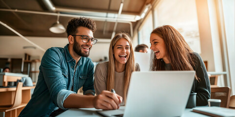 Group of young work collegues in a meeting with a laptop computer sharing ideas in a relaxed office environment