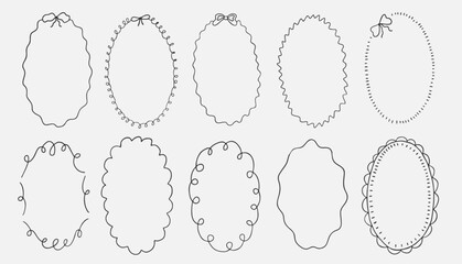 Oval whimsical wavy scallop frame with bow tie in doodle trendy style. Border with elegant outline loop for greeting cards.