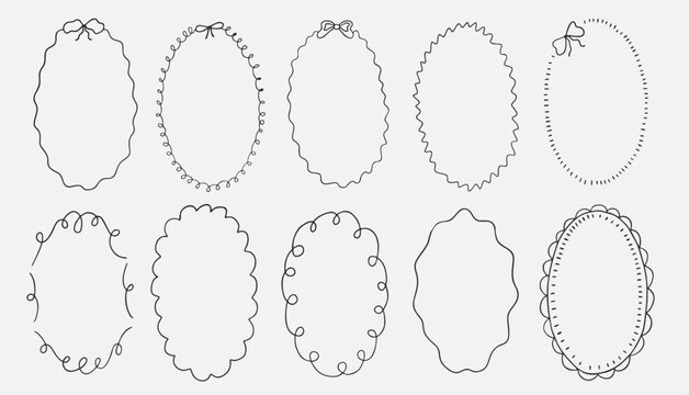 Oval whimsical wavy scallop frame with bow tie in doodle trendy style. Border with elegant outline loop for greeting cards.