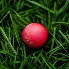A vibrant red cricket ball resting on lush green grass, symbolizing the sport and summer fun.