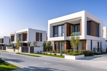 A row of minimalist, modern villas designed with white facades and wooden accents