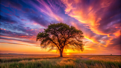 Fototapeta premium sunset over the field. tree, sunset, sky, landscape, silhouette, nature, sunrise, trees, sun, dusk, clouds, horizon, orange, field, fog, night, winter, cloud, autumn, morning, countryside, lonely, lig
