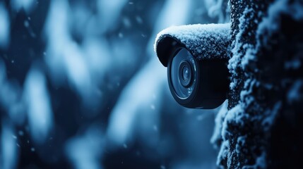 Snow-covered security camera in a winter landscape