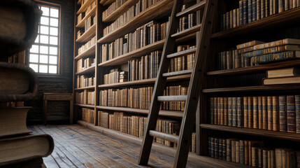 cozy old library featuring tall bookshelves filled with numerous books and wooden ladder for easy access. warm ambiance invites exploration and discovery