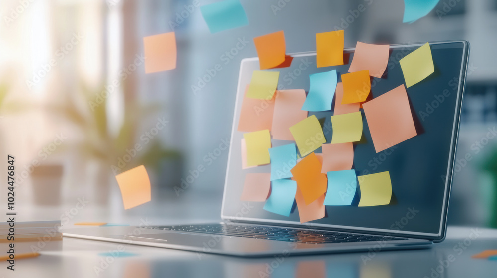 Poster laptop is covered with colorful sticky notes, creating vibrant and organized workspace. scene convey