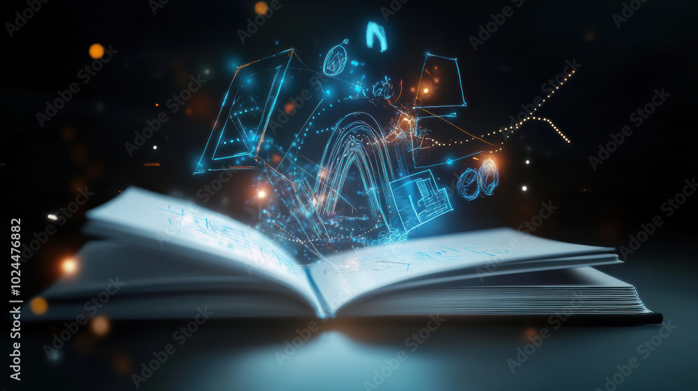 Poster open sketchpad displays holographic 3d shapes floating above its pages, creating captivating visual 