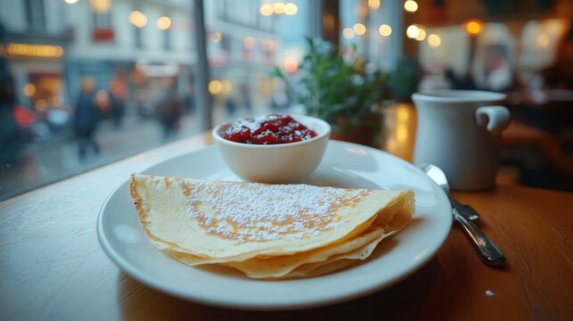 Un plato de crepas espolvoreadas con az&uacute;car glas y servidas con un taz&oacute;n de mermelada, en un caf&eacute; junto a una ventana que da a la calle.

