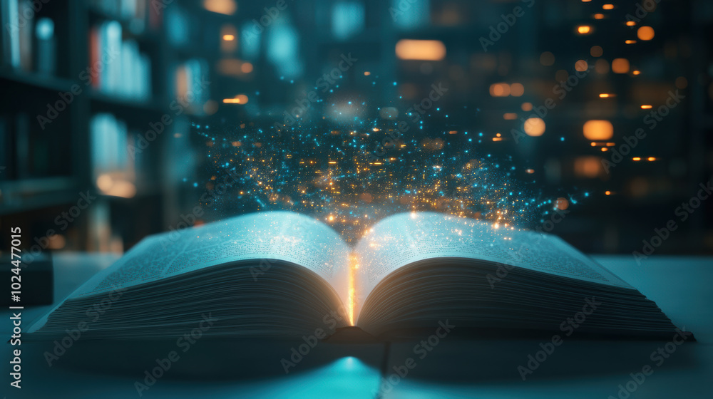 Poster open textbook radiates glowing knowledge, surrounded by magical aura of light and sparkles, symboliz