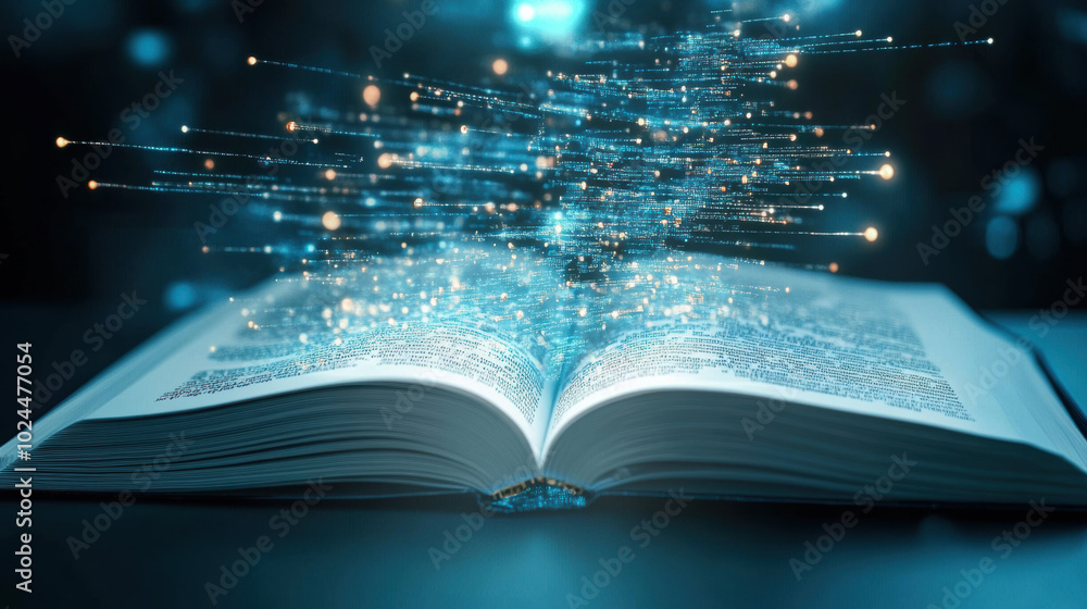 Poster open textbook radiates glowing knowledge, with luminous particles emanating from its pages, symboliz