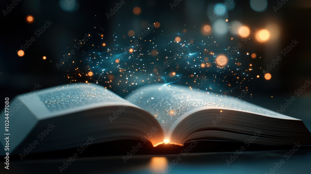 Aufkleber open textbook radiates glowing knowledge, with magical sparks and light emanating from its pages, cr