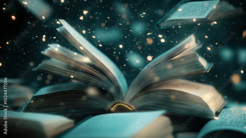 Aufkleber mesmerizing scene of open books with glowing words flying off, creating magical atmosphere. floating