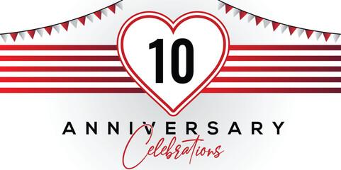 Happy 10th anniversary card vector template with lovely heart shape.	