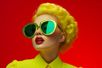 Portrait of stylish blond woman model wearing green sunglasses and neon yellow shirt. Half profile. Minimal concept. Red background with copy space