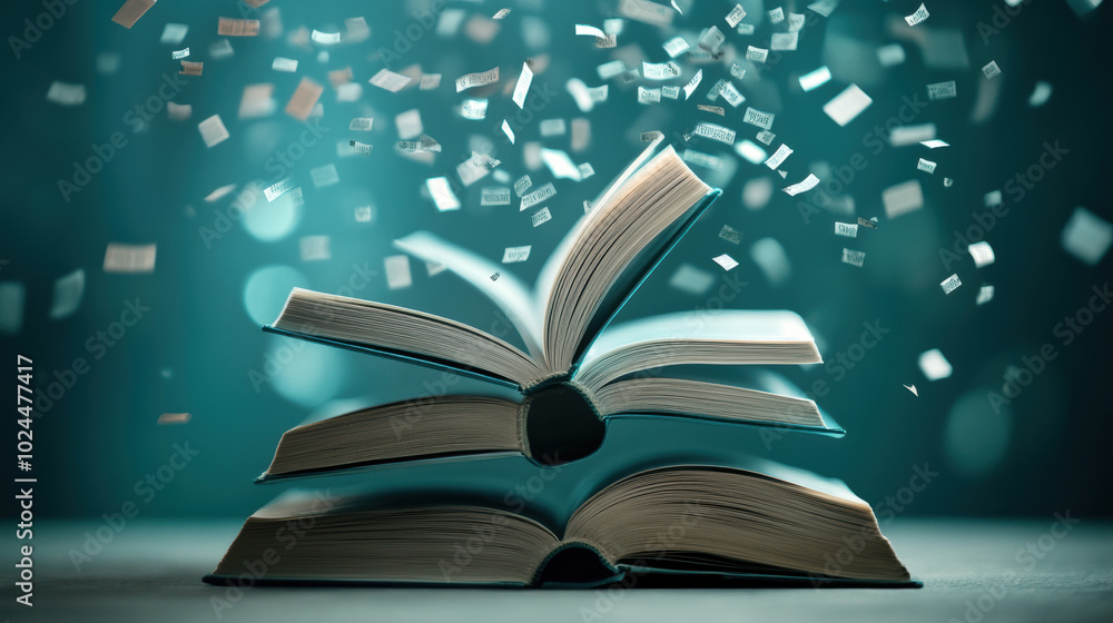 Poster stack of open books with glowing words flying off them creates magical atmosphere of knowledge and i