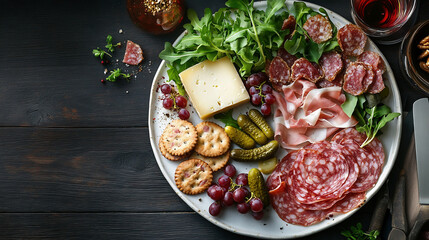 South Tyrolean speck, A plate of charcuterie and cheese, with bacon strips, pickles, cookies, green leaf salad, red grapes, ravioli , on white plate, dark wood table background, top view, food 