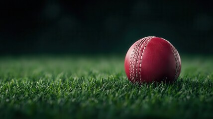 A close-up view of a red cricket ball resting on green grass, highlighting its texture and color against a dark background.