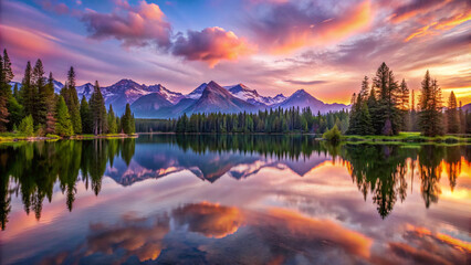 Obraz premium sunset in the mountains. lake, water, landscape, sky, mountain, nature, mountains, reflection, forest, clouds, snow, sunset, river, summer, tree, travel, view, blue, autumn, green, scenic, reflections