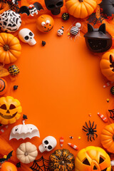 Halloween-themed frame with pumpkins, candy, and decorations